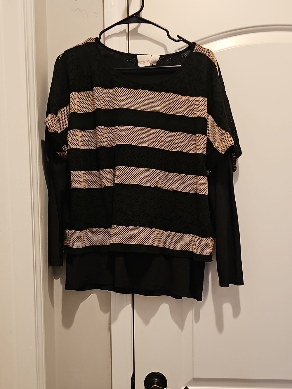 Chico's Women's Layered Mesh Long Sleeve Black Top with Beige Stripes